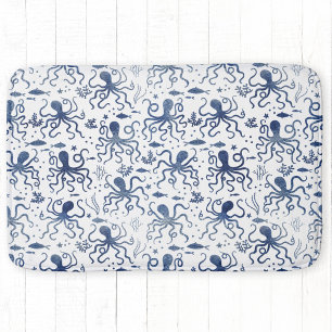 Coastal Blue Watercolor Undersea Octopus Pattern Bath Mat