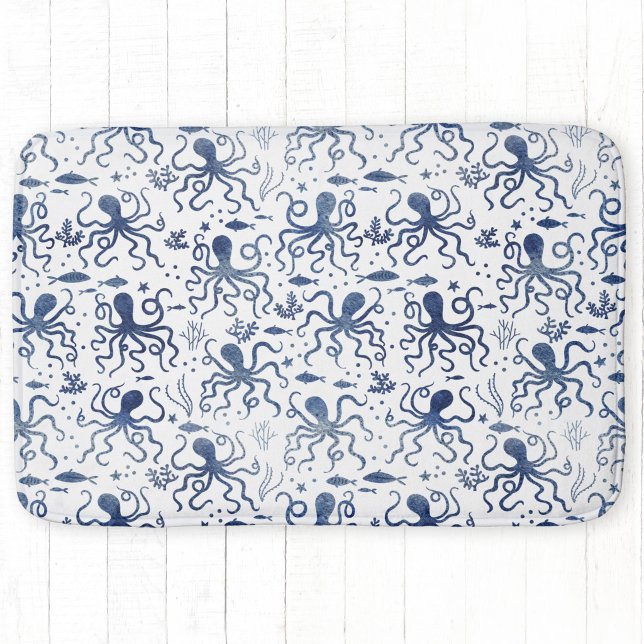 Coastal Blue Watercolor Undersea Octopus Pattern Bath Mat (Octopus watercolor pattern blue and white art bath mat)