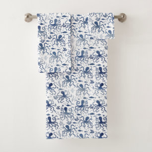 Coastal Blue Watercolor Undersea Octopus Pattern Bath Towel Set