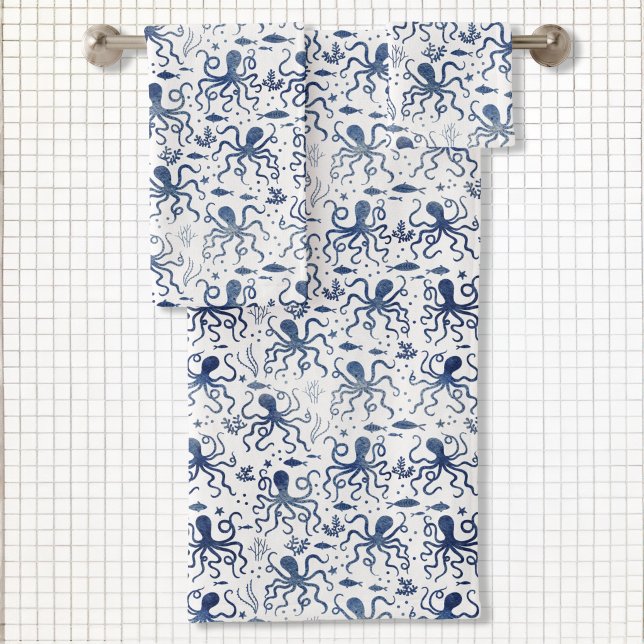 Coastal Blue Watercolor Undersea Octopus Pattern Bath Towel Set (Octupus watercolor pattern blue and white towel set)
