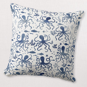 Coastal Blue Watercolor Undersea Octopus Pattern Cushion