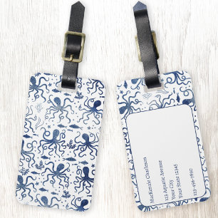 Coastal Blue Watercolor Undersea Octopus Pattern Luggage Tag