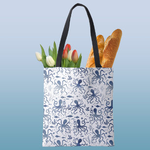 Coastal Blue Watercolor Undersea Octopus Pattern Tote Bag