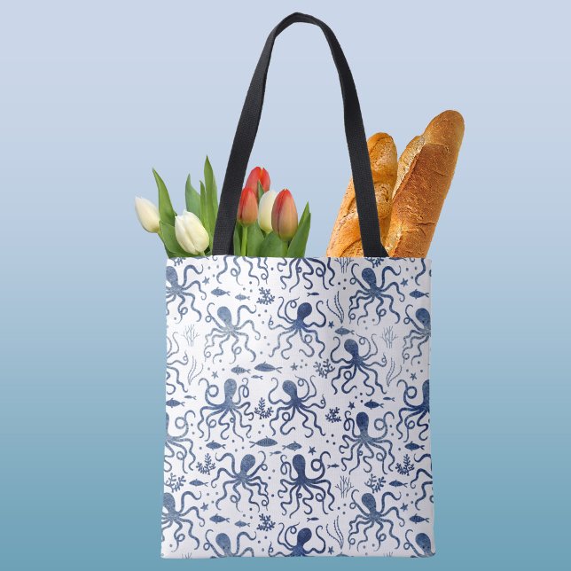 Coastal Blue Watercolor Undersea Octopus Pattern Tote Bag (Modern blue and white nautical coastal aesthetic octopus art tote bag)