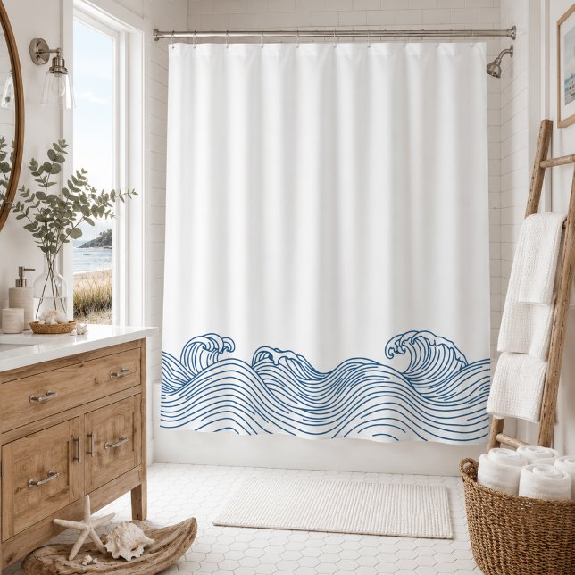 Coastal Blue Wave Beach House Bathroom Shower Curtain (Creator Uploaded)