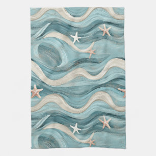 Coastal Blue Wave Cream Sand Starfish Tea Towel