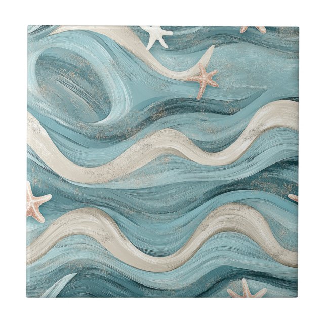 Coastal Blue Wave Cream Sand Starfish Tile (Front)