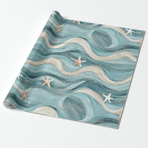 Coastal Blue Wave Cream Sand Starfish Wrapping Paper