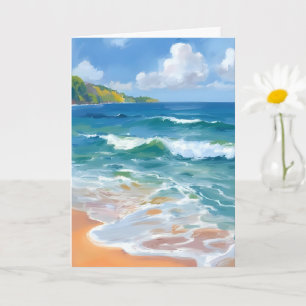 Coastal Blue Waves Ocean Watercolor Painting Card