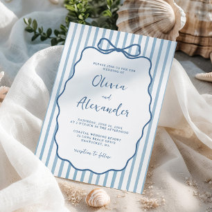 Coastal Blue Whimsical Stripe Bow Wedding Invitation