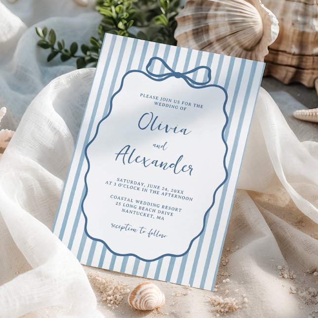 Coastal Blue Whimsical Stripe Bow Wedding Invitation (Creator Uploaded)