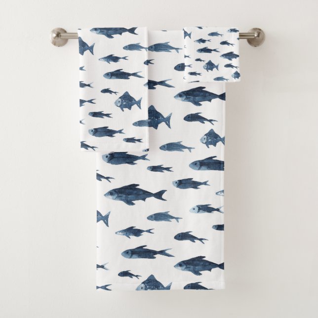 Coastal Blue & White Fish Pattern Bath Towel Set (Insitu)