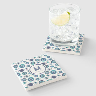 Coastal Blue White Greek Evil Eye Beach House Stone Coaster