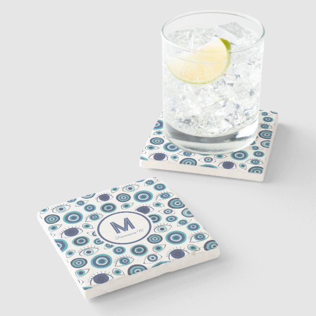 Coastal Blue White Greek Evil Eye Beach House Stone Coaster (Side)