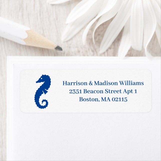 Coastal blue white seahorse fun Return Address (Insitu)