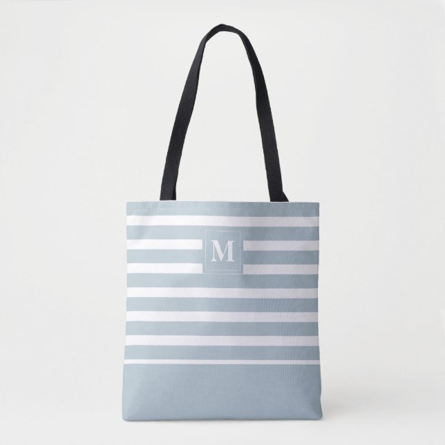 Coastal Blue White Striped Beach Monogram Tote Bag (Front)