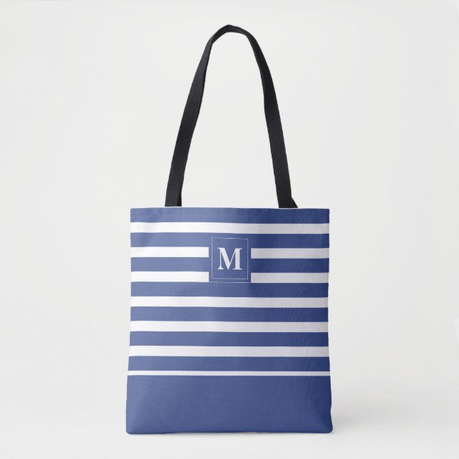 Coastal Blue White Striped Beach Monogram Tote Bag (Front)