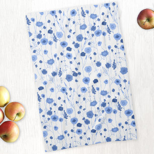 Coastal Blue White Wildflower Meadow Floral Art Tea Towel