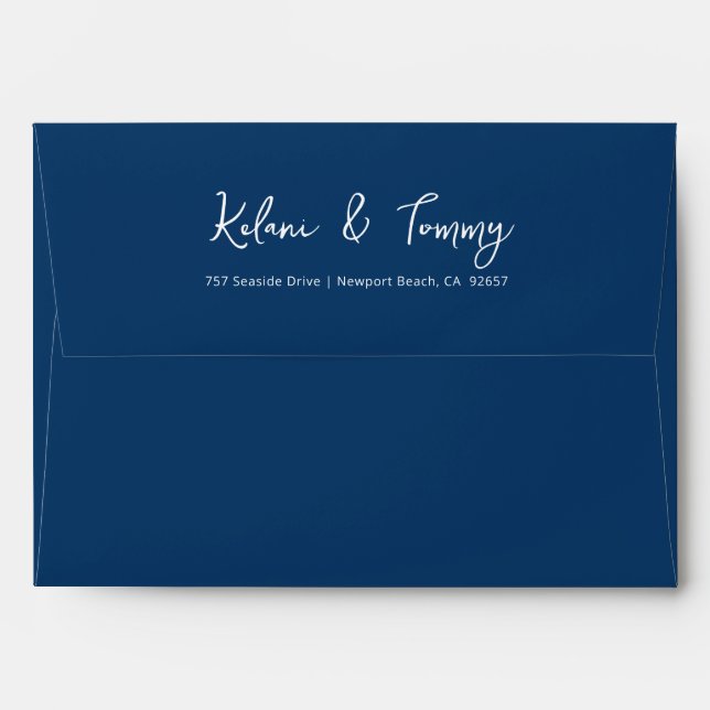 Coastal Blues Navy & White Script Wedding Envelope (Back (Top Flap))
