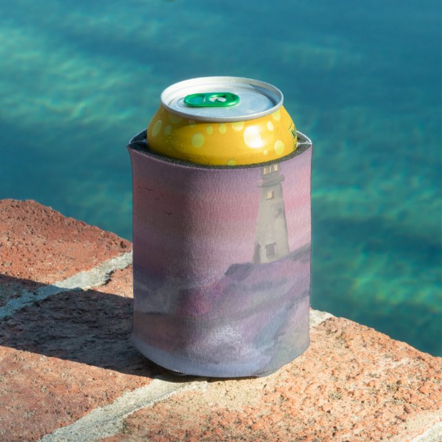 Coastal Bluff Lighthouse With Pink Sky Can Cooler (In Situ Pool)