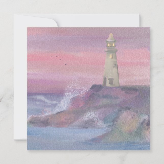 Coastal Bluff Lighthouse With Pink Sky Holiday Card (Front)