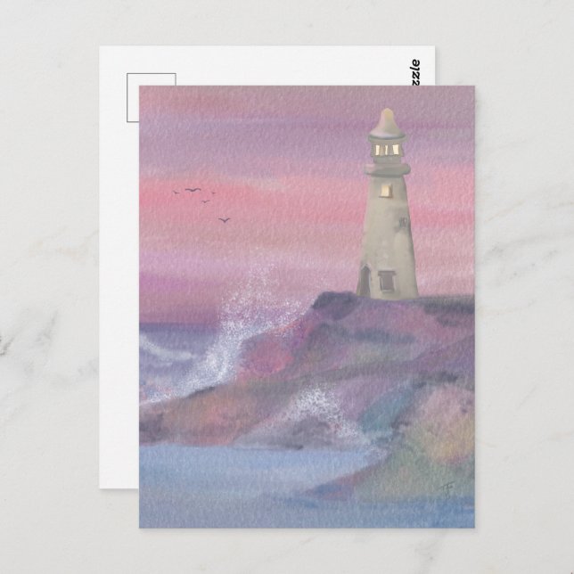 Coastal Bluff Lighthouse With Pink Sky Postcard (Front/Back)