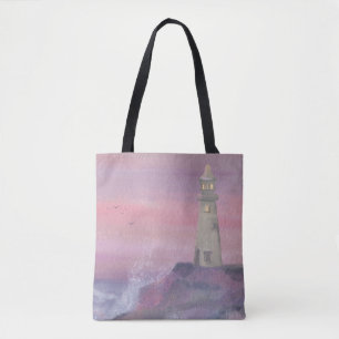 Coastal Bluff Lighthouse With Pink Sky Tote Bag