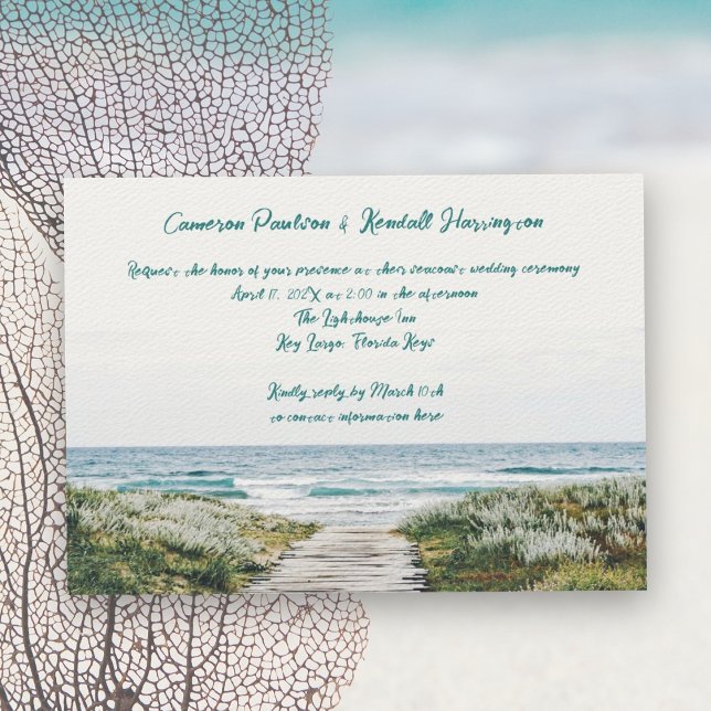 Coastal Boardwalk Handwritten Quill Pen Wedding Invitation (Creator Uploaded)