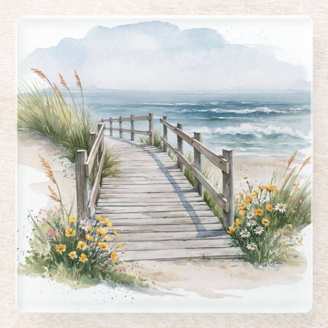 Coastal Boardwalk Watercolor  Glass Coaster (Front)