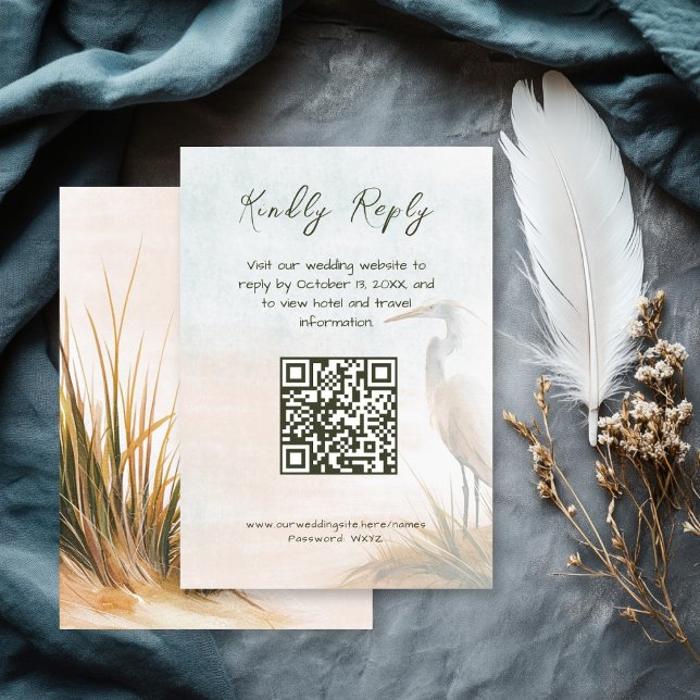 Coastal Boho Egret QR code RSVP Enclosure Card (Creator Uploaded)