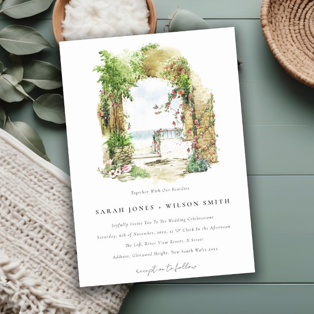 Coastal Botanical Arch Sand Beach Seascape Wedding Invitation (Creator Uploaded)