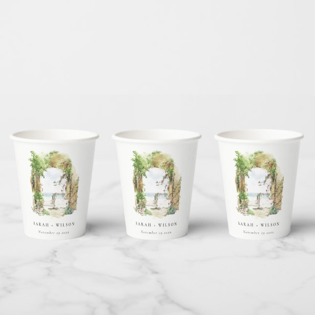 Coastal Botanical Arch Sand Beach Seascape Wedding Paper Cups (Multi)