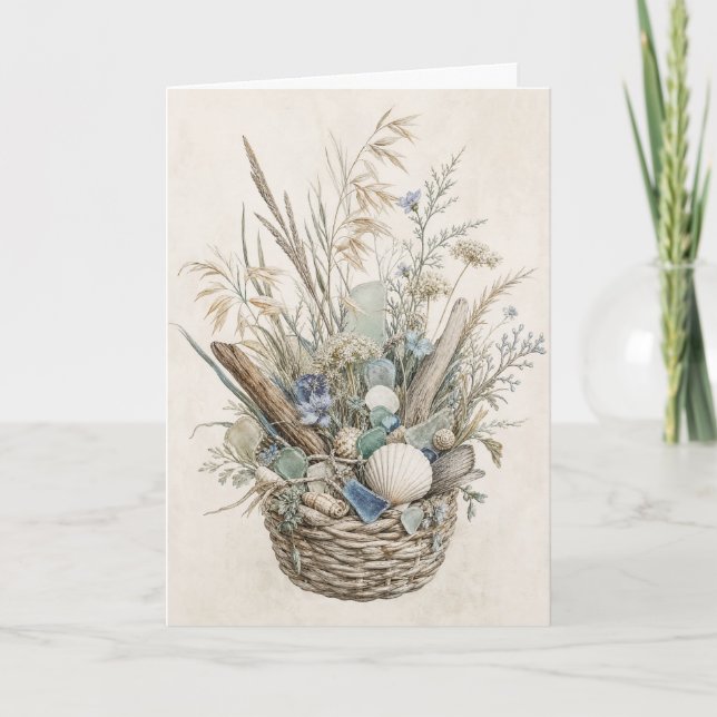 Coastal Botanical Greeting Beach Seashell Floral Card (Front)