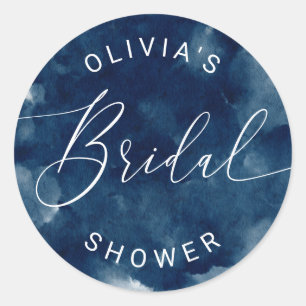 Coastal Bridal Shower   Navy Blue Watercolor Beach Classic Round Sticker