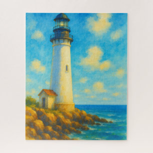 Coastal Bright Watercolor Lighthouse Rocky Shore  Jigsaw Puzzle