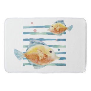 COASTAL BRIGHT WATERCOLOR TROPICAL FISH,  BEACH  BATH MAT