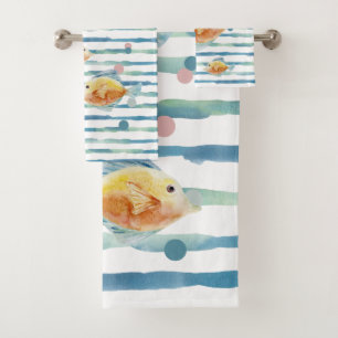 COASTAL BRIGHT WATERCOLOR TROPICAL FISH,  BEACH  BATH TOWEL SET