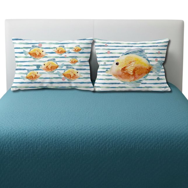COASTAL BRIGHT WATERCOLOR TROPICAL FISH,  BEACH  PILLOWCASE (Coastal Theme Pillow Cases )