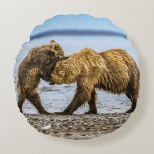 Coastal brown bears round cushion