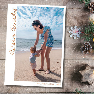 Coastal Brown Warm Wishes Two Beach Family Photo  Holiday Card