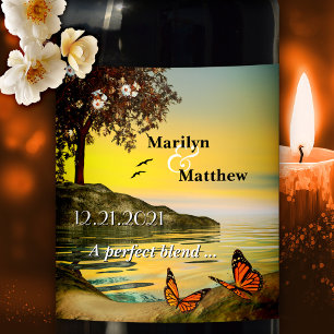 Coastal Butterfly Romantic Art Wedding Wine Label