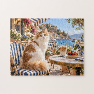Coastal Café Cat Sitting By Sea With Iced Coffee Jigsaw Puzzle