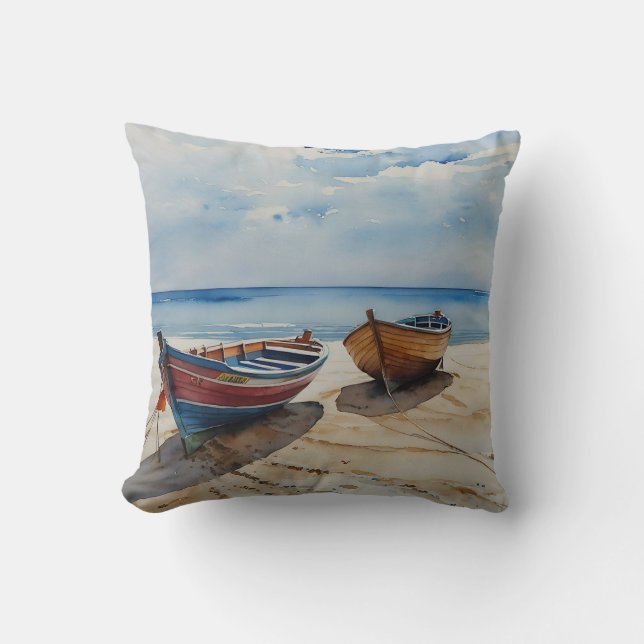 "Coastal Calm" A Restful Watercolour Boat Seascape Cushion (Front)