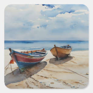 "Coastal Calm" A Restful Watercolour Boat Seascape Square Sticker