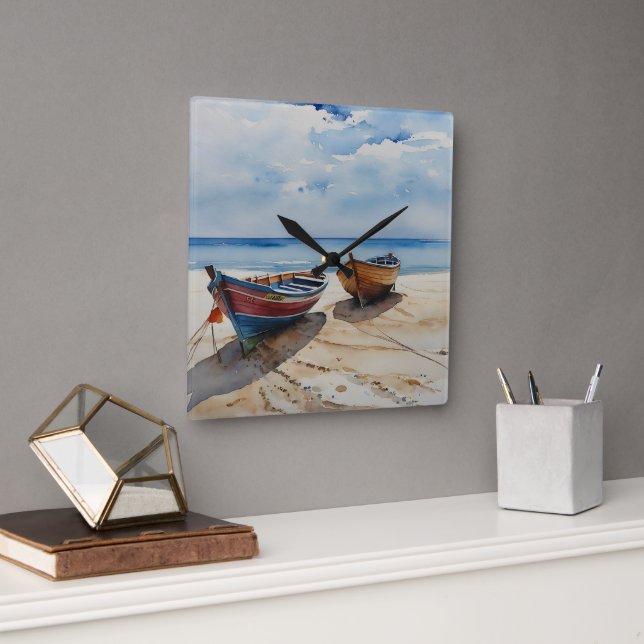 "Coastal Calm" A Restful Watercolour Boat Seascape Square Wall Clock (Office)