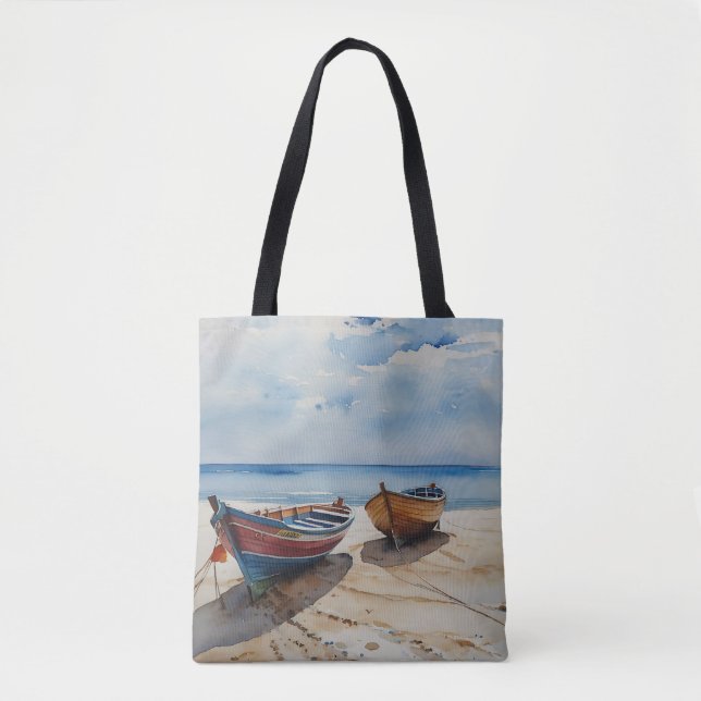 "Coastal Calm" A Restful Watercolour Boat Seascape Tote Bag (Front)