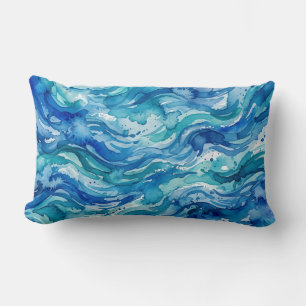 Coastal Calm Deep Blue Watercolor Abstract Lumbar Cushion