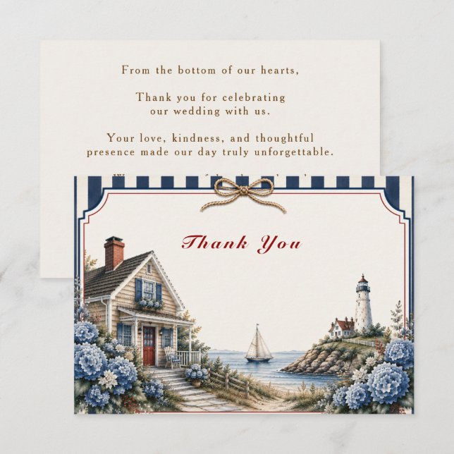 Coastal Cape Cod Cottage Wedding Thank You Card (Front/Back)
