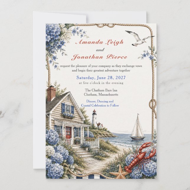 Coastal Cape Cod Hydrangea Cottage Wedding  Invitation (Front)