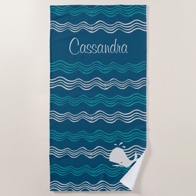 Coastal Cartoon Whale Ocean Blue and waves Beach T Beach Towel (Front)